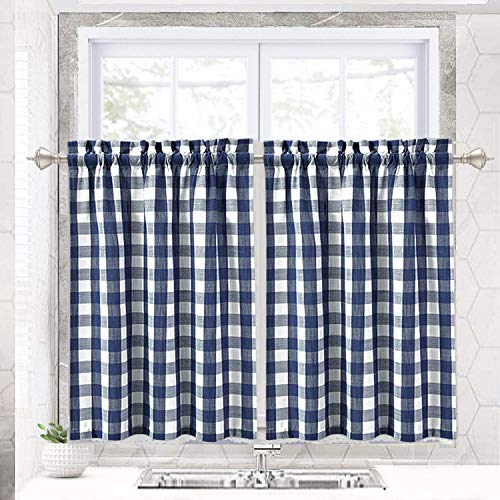 2 Pack Farmhouse Kitchen Window Tiers 36 Inch Buffalo Check Small Short Bathroom Curtain Plaid Gingham Country Style Half Kitchen Cafe Curtains, Navy Blue And White Tires Curtain Valances, 2 Panels #TOP6