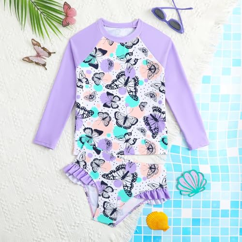 Image of HILEELANG Toddler & Little Girls' Long Sleeve Rash Guard Swimwear Set - UV Protection, 2-Piece Design, Fun Prints, 2-9 Years