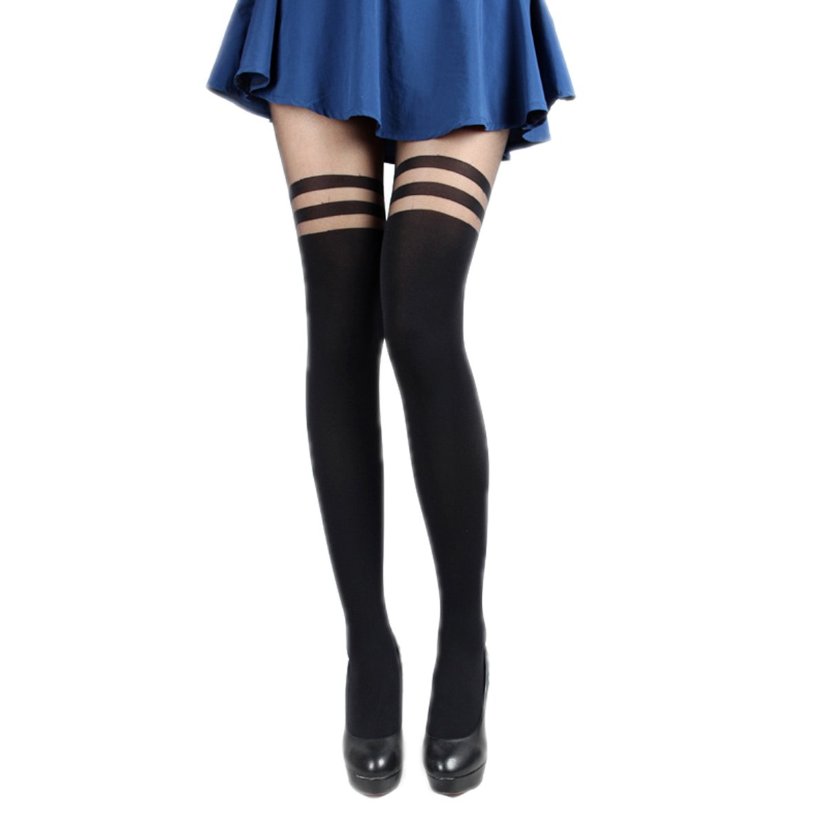18Mm Women's Stripe / Black Sheer Mock Over The Knee Suspender Tights Pantyhose Stockings (Stripe/Black)