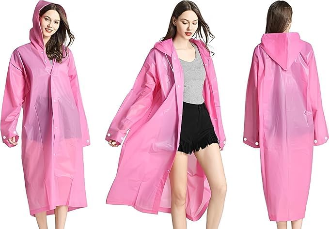 JITIFAZH Wasserdichter Regenponcho,2 Stück,leichter, wiederverwendbarer Regenmantel mit Kapuze, tragbarer Notfall-Poncho für Erwachsene, Familie, Wandern, Radfahren, Camping (Weiß+Rosa)