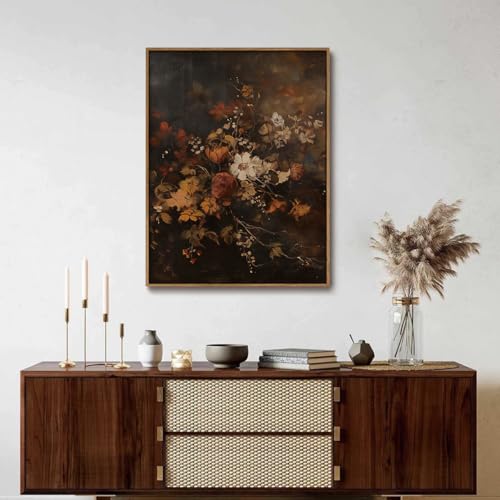 Image of KISSFOX Vintage Framed Wall Art Decor Rustic Floral Pictures Wall Decor Dark Botanical Canvas Art Prints Moody Flowers Paintings Artwork For Bedroom Living Room