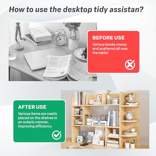 Image of Yindella Multi-Functional Desktop Bookshelf Organizer, Wooden Storage Shelf, Adjustable Office Desk Organizer for Books, Stationery, Space-Saving Home & Office (Desk Bookshelf-04-Wooden)