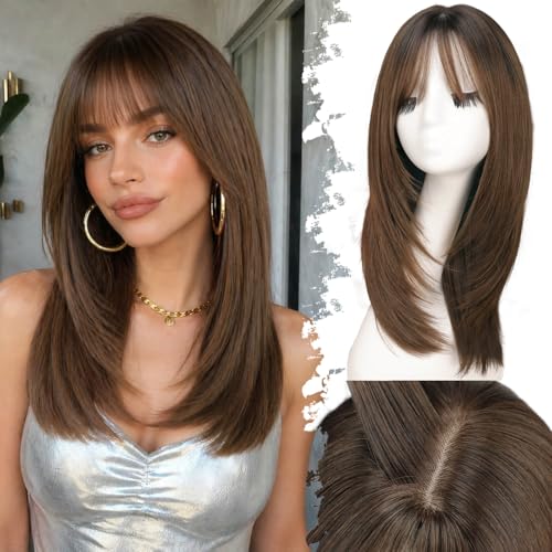 Eawwii Beginner-Friendly Wig with Bangs for Women Soft Brown Straight
