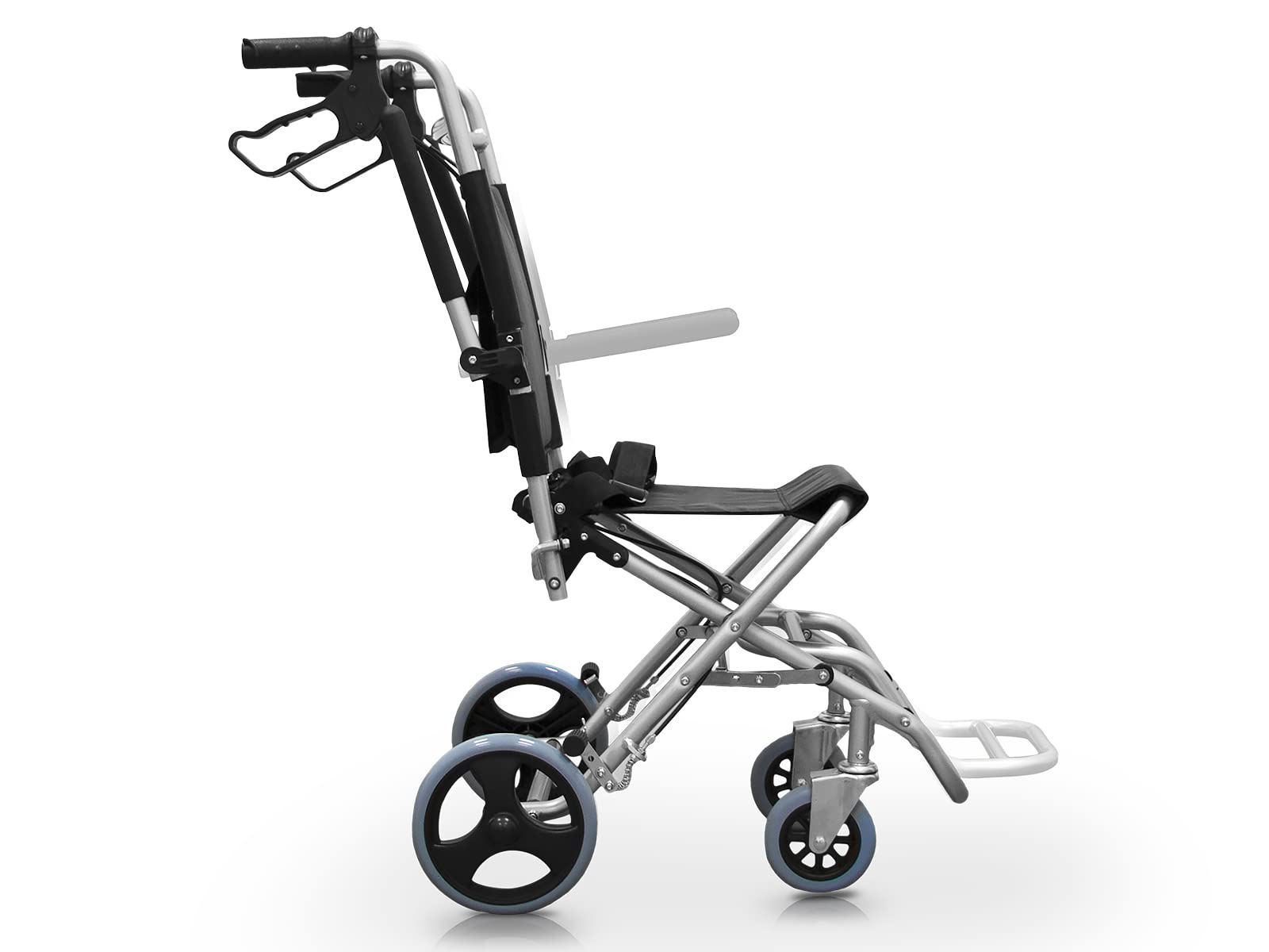 QUIRUMED Silla de ruedas plegable, Especial para domicilio, Para traslado, Aluminio, Ligera, Reposabrazos abatibles, Reposapiés plegables, Frenos de maneta, Con cinturón, Hasta 120 kg