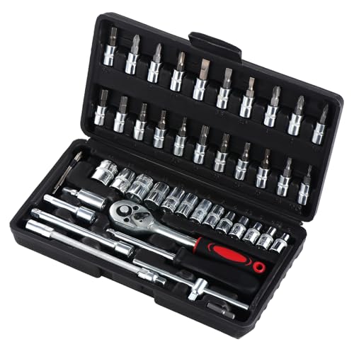 Juego de 46 llaves de trinquete de 1/4 pulgadas con barra de extensión de broca, herramienta de llave de trinquete métrica para reparación de automóviles