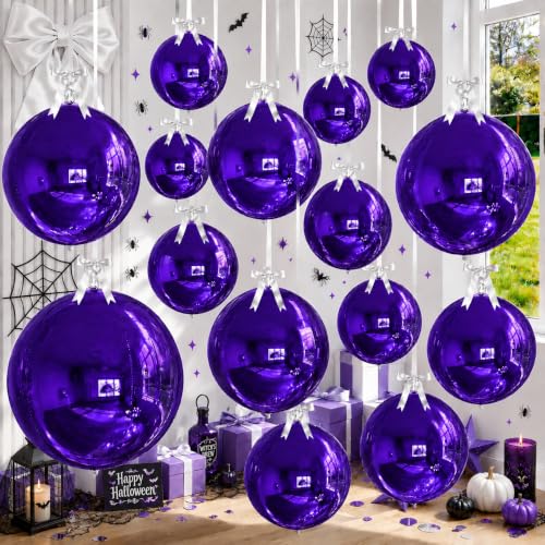 Image of 14 Pcs Purple Round Foil Balloons Halloween Purple 4D Ball Balloons | Dark Purple Mylar Balloons for Halloween Spooky Birthday Graduation Anniversary Bachelorette Baby Shower Party Decorations