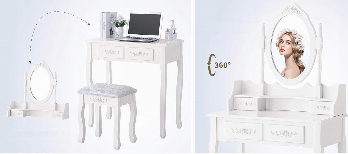 BDW Toilette TL03 - con specchio, cassetti e sgabello - tavolino - per camera da letto, cameretta dei ragazzi -Tavolo da trucco - Tavolo da toeletta - Tavolo per cosmetici - Stile vintage - Bianco