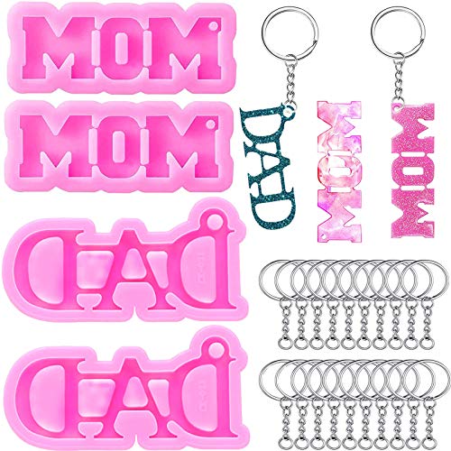 4 Pcs Mom Dad Word Keychain Silicone Mold, Mothers Day Gift Dad Fondant Mold Resin Mold with Hole 20 Pcs Key Rings, Mom Dad Mold for Epoxy Resin, DIY Crafts, Chocolate Candy Mold,Cupcake Cake Decor