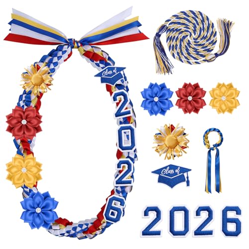 Silkovahamd Graduation Leis Class of 2026 - Ribbon Leis for Graduation 2026, Blue White Red Gold Honor Cord Bracelet Bowtie for High School College Grad Accessories Gifts