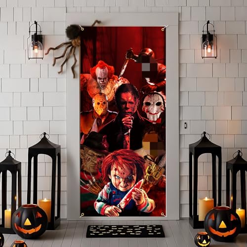 Horror Movie Character Door Banner, Halloween Door Cover Decorations, Classic Scary Movie Character Backdrop Background for Halloween Birthday Party Decor Creepy Killer Front Door Banner Horror Movie Character Door Banner, Halloween Door Cover Decorations, Classic Scary Movie Character Backdrop Background for Halloween Birthday Party Decor Creepy Killer Front Door Banner