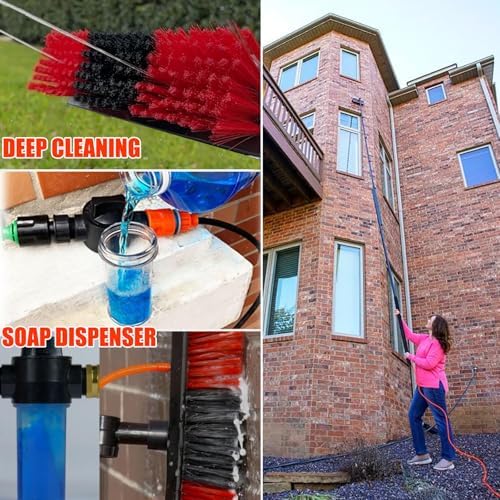 Kit asta telescopica in fibra di carbonio, spazzola alimentata ad acqua, lavavetri, dispenser di sapone, asta telescopica da 10 m e tubo da 20 m per la pulizia di pannelli solari, finestre, tetti e