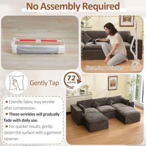 Image of 115'' Cloud Boneless Sectional Couch, Modular Sectional Sofa Deep Seat with 2 Ottomans, Oversized Upholstered Convertible Comfy 5 Seater Chenille Sofa U Shape Couches for Living Room, Brown