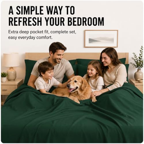 Image of CozyLux 7-Piece Split King Sheets, Fits 18-21 Inch Mattresses, Oeko-TEX | 4 Pillowcases, 1 Flat Sheet and 2 Fitted Sheets with All-Around Elastic, 21-Inch Deep Pockets for a Secure Fit, Emerald Green