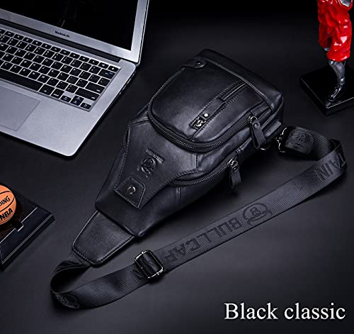 BULLCAPTAIN Men Crossbody Bag with USB Charging Port Genuine Leather Shoulder Sling Chest Bag Travel Hiking Backpack (Black)2