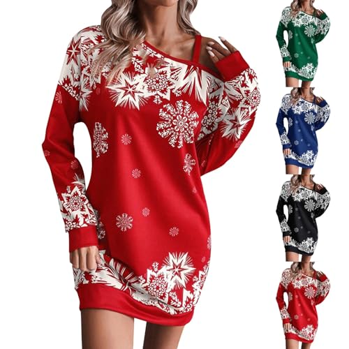 Generisch Weihnachten Kleid Damen Schulterfrei Langarm Weihnachtskleid Schneeflocke Bedrucken Minikleid Christmas Knielang Tunika Kleider Festliche...