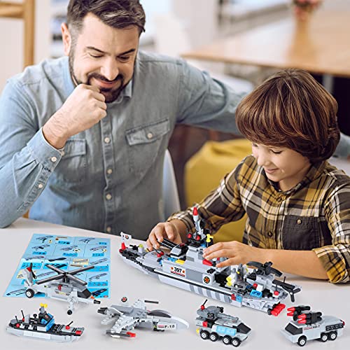 886 Pieces City Police Coast Patrol Boat Building Kit With Army Vehicles, Helicopter, Airplane, Tank, 8-In-1 Military Battleship Building Set, Creative Birthday Gifts Idea For Kids Boys Aged 6-12 #TOP3