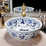 Qinlang Round Vessel Bathroom Sink, Blue and White Ceramic Vessel Sink Above Counter, Bowl Sink For