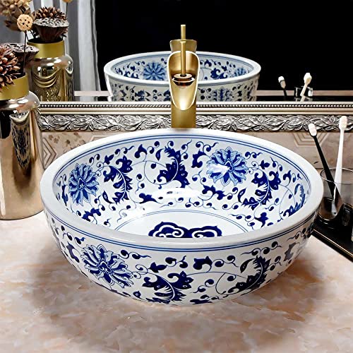 Qinlang Round Vessel Bathroom Sink, Blue And White Ceramic Vessel Sink Above Counter, Bowl Sink For Bathroom #TOP12