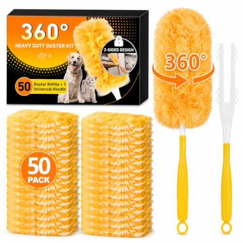 Image of Duster Refill Kit Compatible with Swiffer Duster, 50 Count | Disposable, 360 Heavy Duty Microfiber Refills, Short Handle, Multi-Surface, For Cleaning Furniture Blinds Ceiling Fan