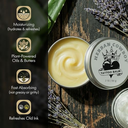 Herban Cowboy Tattoo Balm for Optimal Tattoo Care and Lifespan, Enhanced with Natural Ingredients, Non-Greasy, Non-Gritty (2oz)
