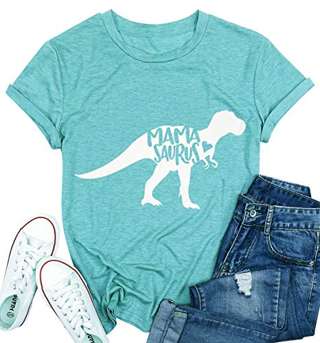 T&Twenties Womens Dinosaur Shirt Mama Saurus Tee Shirt Cute Graphic Print Tees Casual O-Neck Short Sleeve Tee Top Light Blue