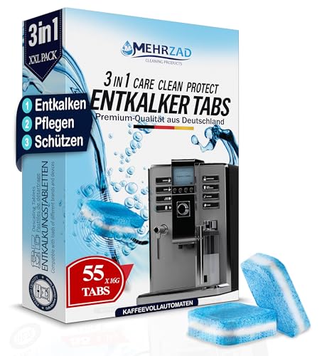 Lot de 55 tablettes détartrantes 3 en 1 pour machines à café et machines à café - Compatible avec Jura, Siemens EQ-Series, Bosch, Miele, Melitta, Krups, Tassimo, etc. - Fabriqué en Allemagne