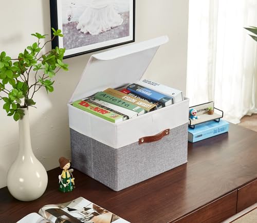 Image of DECOMOMO Foldable Storage Bin with Lids [3-Pack] Collapsible Sturdy Cationic Fabric Storage Basket Box Container W /Handles for Organizing Shelf Nursery Linen (Grey & White, 15 x 11 x 11 inch - 3 Pack)
