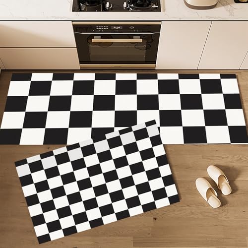 Alfombras y tapetes de cocina lavables negro y blanco en un juego de dos piezas texturizadas 2