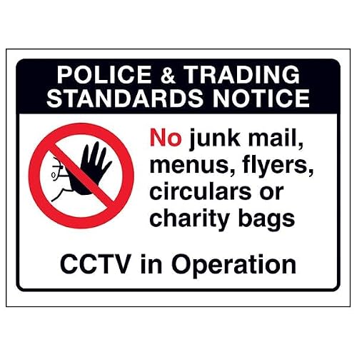 V Safety Police & Trading...No Junk Mail, Menus...CCTV in Operation 150 x 100 mm - 2mm Rigid Plastic Safety Sign