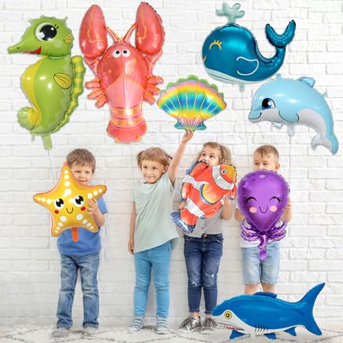 9 Pcs Sea Animal Balloons, Under The Sea Decorations, Sea Creature Shark Dolphin Whale Fish Crayfish Octopus Ocean Foil Balloons, Under The Sea Balloons for Ocean Theme Party Decorations