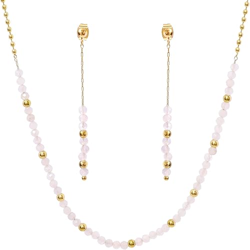 TaYolnFaSo Round Rose Quartz Beads Jewelry Set for Women 18K Gold Plated Rose Qu