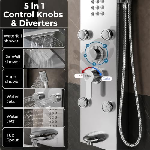 Image of Plantex Shower Panel /6 in 1 Shower System /304 Grade Stainless Steel Handshower with Waterfall Outlet /Tub Spout /Body Massage Spray With Hot &cold Mixer- (1015, Chrome)