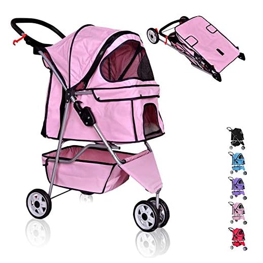 Pet Stroller for Dog/Cat Jogger Stroller Travel Easy Fold with Removable Liner,Cup Holder,Storage Ventilation 3 Wheels 35Lbs Capacity for Small-Medium Dogs, Cats,Pink
