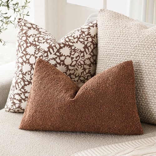 Image of Foindtower Pack of 2 Textured Boucle Throw Pillow Covers Accent Solid Decorative Lumbar Pillow Cases Cozy Couch Cushion Case for Chair Sofa Bedroom Living Room Home Decor 12x20 Inch Red Taupe