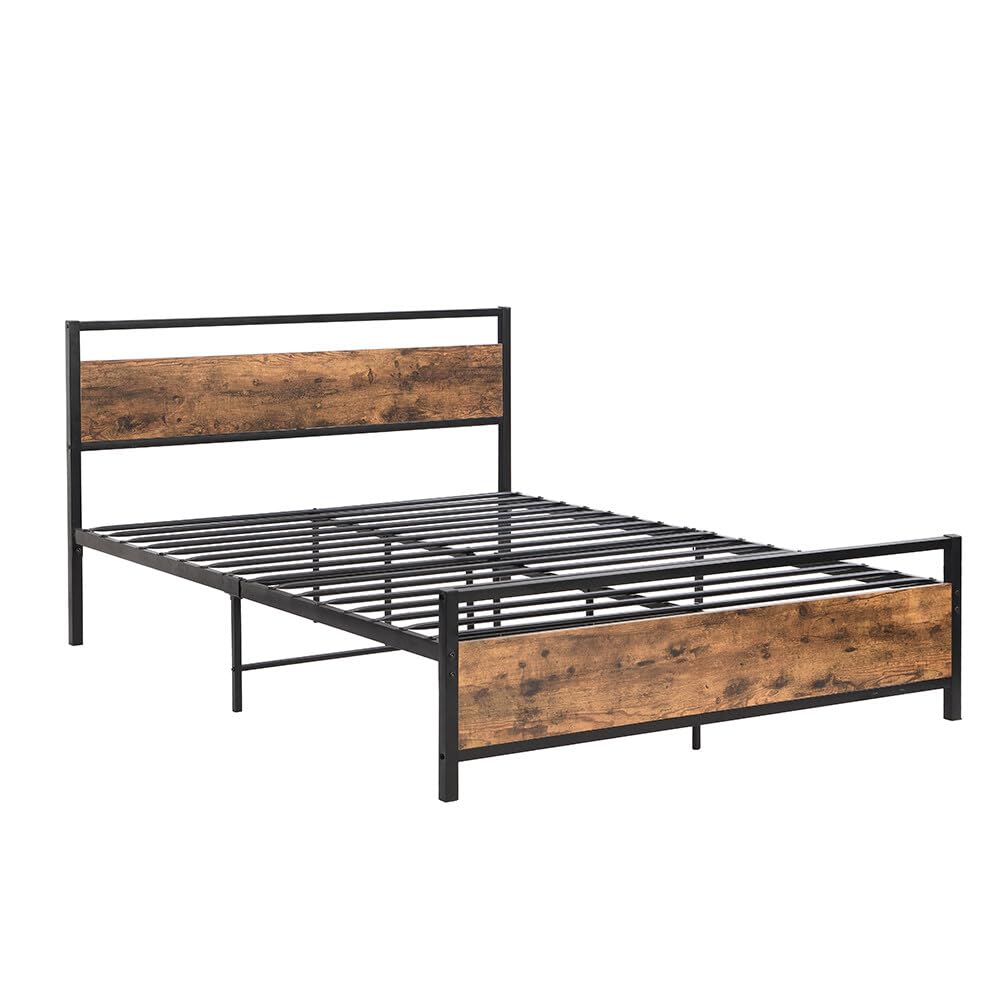 Panana Bed Frame Double Size Retro Style Heavy Duty Metal Platform with Wooden Headboard&Footboard(Style2-Black,4FT6)