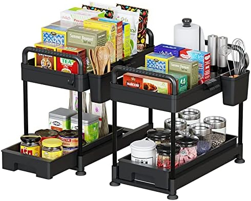 DAILOU Under Sink Organizers and Storage 2 Pack, Bathroom Cabinet Organizer with Sliding Drawers, 2 Tier Kitchen Under Cabinet Storage with Handles, Hooks, Hanging Cup(Black)