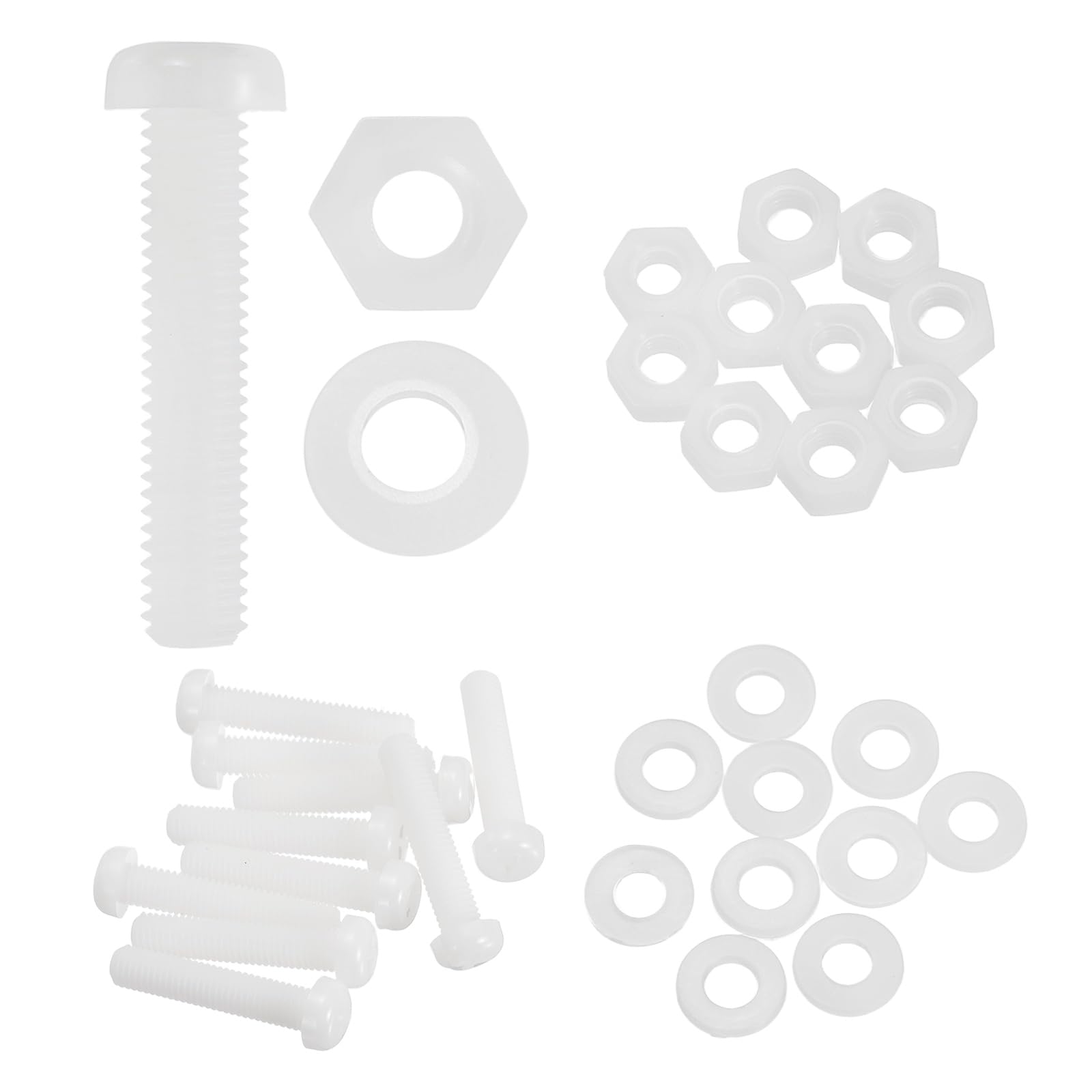 sourcing map 10 Set M8x40mm Nylon PA66 Plastic Cross Round Head Screw Phillips Bolts Hex Nuts Flat Washers Assortment Kit, Metric Full Thread Bolt Fasteners for DIY Machine Assembly, White