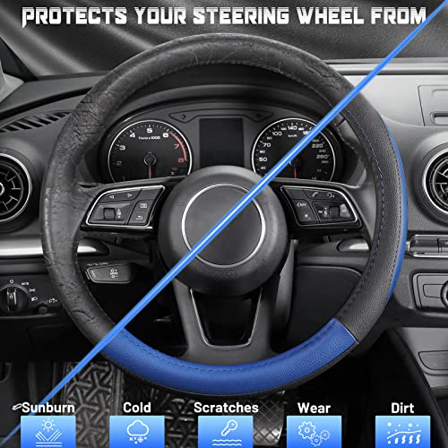 SEG Direct Car Steering Wheel Cover for Prius Civic Model 3 Model Y Camaro, Small Size 14-14.25 inch, Black and Blue Microfiber Leather