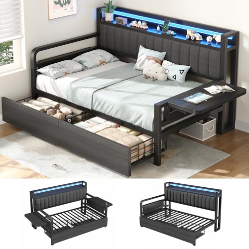 Jocoevol Twin Corner Bed Frame with Storage Drawers and LED...