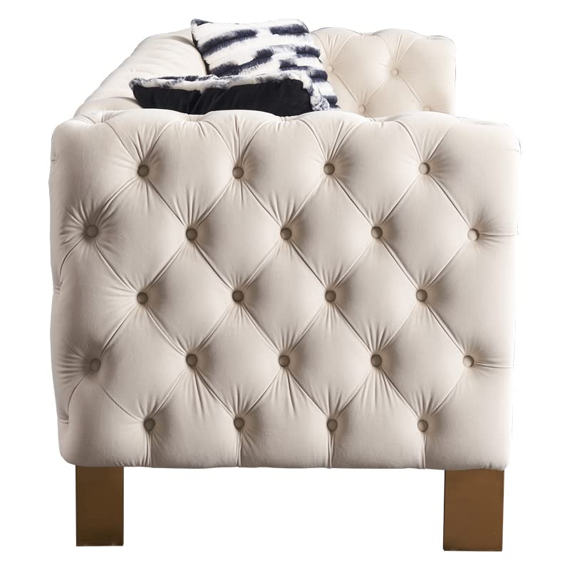 Image of KEIKI 84 inch Chesterfield Velvet Tufted Button Sofa with Removable Cushions and 2 Toss Pillows, Modern 3-Seater Couch with 4 Gold Metal Leg, Easy Assembly, for Living Room, Bedroom, Apartment, Cream