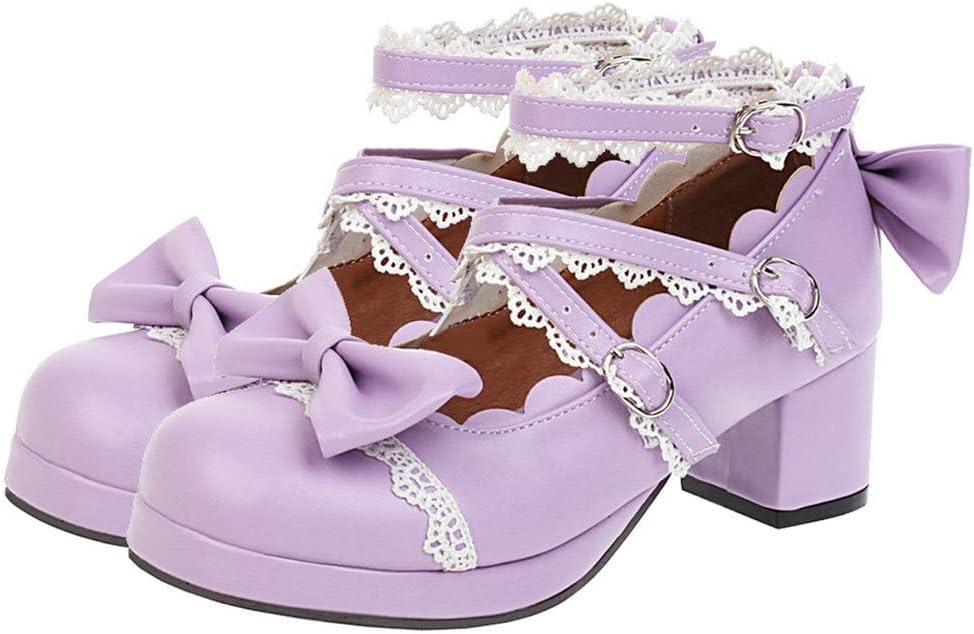 LUXMAX Women Lolita Cosplay Shoes Cross Strap Block Heel Mary Jane Lace Pumps