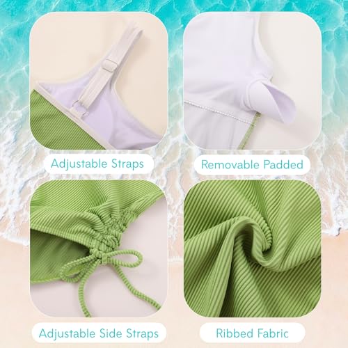 Image of Weixinbuy Girls Swimsuit Ribbed Bathing Suit for Girls Adjustable Strap Color Block Summer Beach One Piece Swimsuit