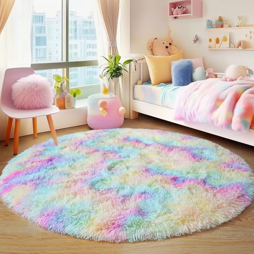 6‘x6’ Rainbow Round Rugs for Girls Bedroom, Ultra Soft Fluffy Circle Rug for Kids Room, Cute Shag Rugs for Living Room Playroom Tent Castle Home Decor Rug