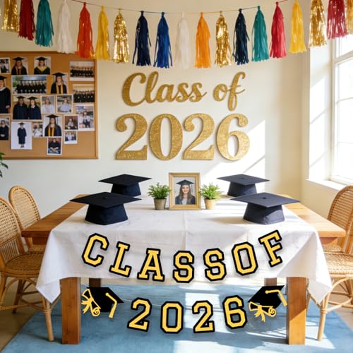 Image of Class of 2026 Graduation Banner University College Grad Garlands Decoration Party Supplies High School Colors Gold Black