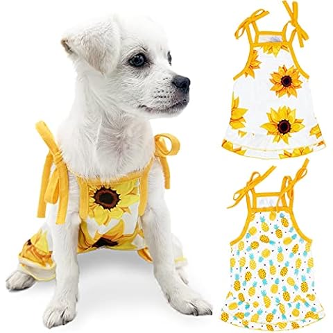 2 Pack Dog Shirt Suspender Skirt, Pet Dress Printed Sleeveless Clothes, Puppy Vest Summer T-Shirts Princess Dresses, Soft and Cool Apparel Outfit for Small Medium Dogs Cat Costume (Yellow, X-Small) Cover