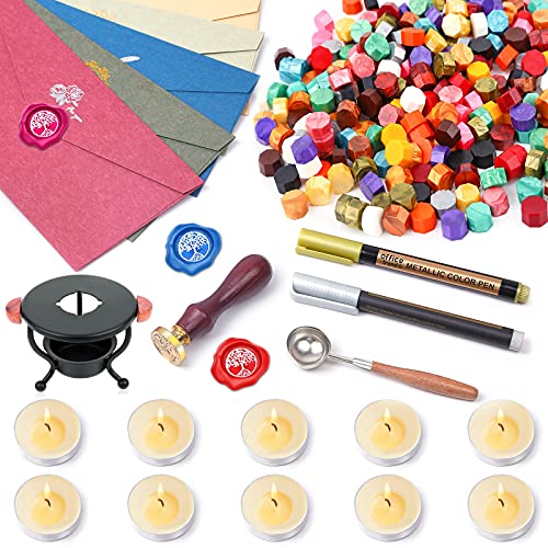 Sealing Wax Kit, Dyroubo Letter Wax Seal Stamp Kit with Sealing Wax Beads, Wax Seal Stamps, Sealing Wax Warmer, Vintage Envelopes and Metallic Pen for Wax Seal, Letters, Crafts and Decoration