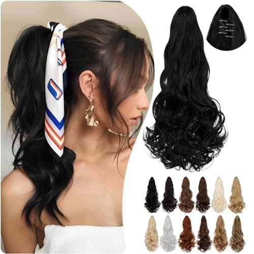 Cephermer Ponytail Extension Claw 18" Long Curly Wavy Clip in Natural Looking Synthetic Hair Extension Ponytail Hairpiece for Women Dark Black