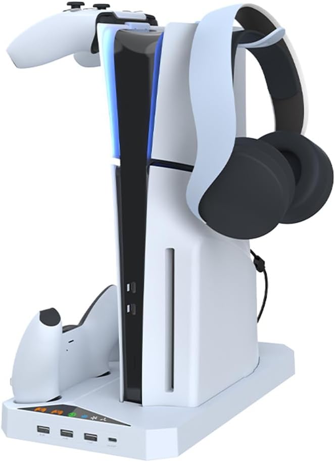 FPS5 Cooling Station with Controller Charger for PS5 Slim Accessories, Charging Station with Cooling Fan and 3 USB Hub/Headset Holder for PS5 Slim Disc/Digital Console, White