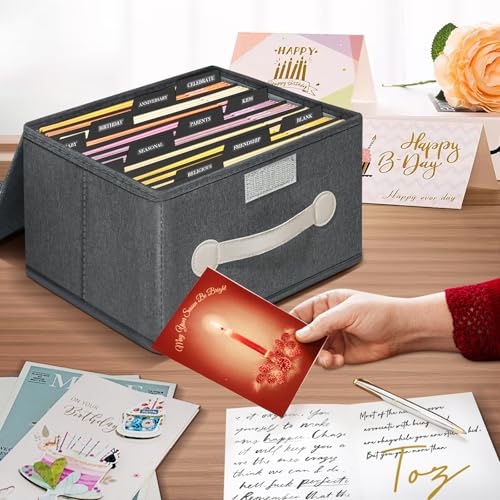Vowcarol Greeting Card Organizer Box with Dividers, Storing 120+ Cards and Matching Greeting Cards and Envelopes - Grey - Thumbnail 3