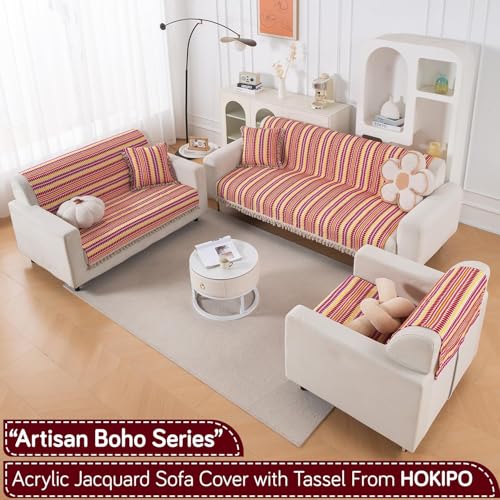 Image of HOKIPO 'Artisan Boho Series' Sofa Cover with Tassel | 450 GSM Cotton Acrylic Jacquard Sofa Cover for 3 Seater Sofa, Size 152x175 cm, Ruby Red (NEW-IN-909-A6)